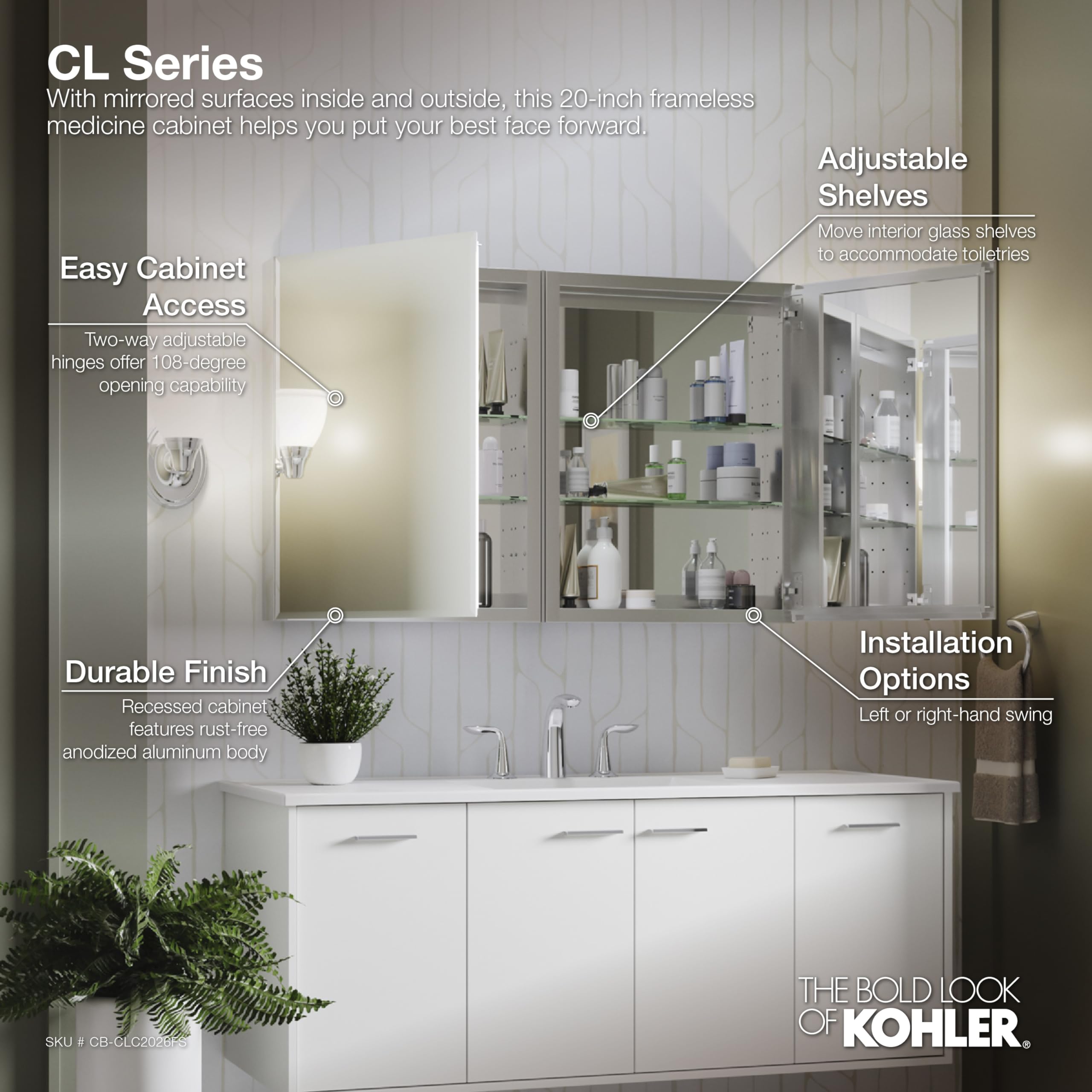 Kohler CB-CLC2026FS Frameless Bathroom Mirror Medicine Cabinet